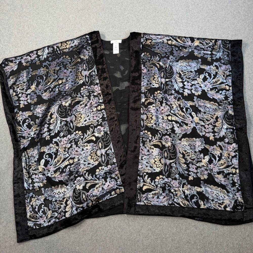 J. Jill Women's S-L Black Burnout Velvet Floral Paisley Kimono Wrap Cardigan